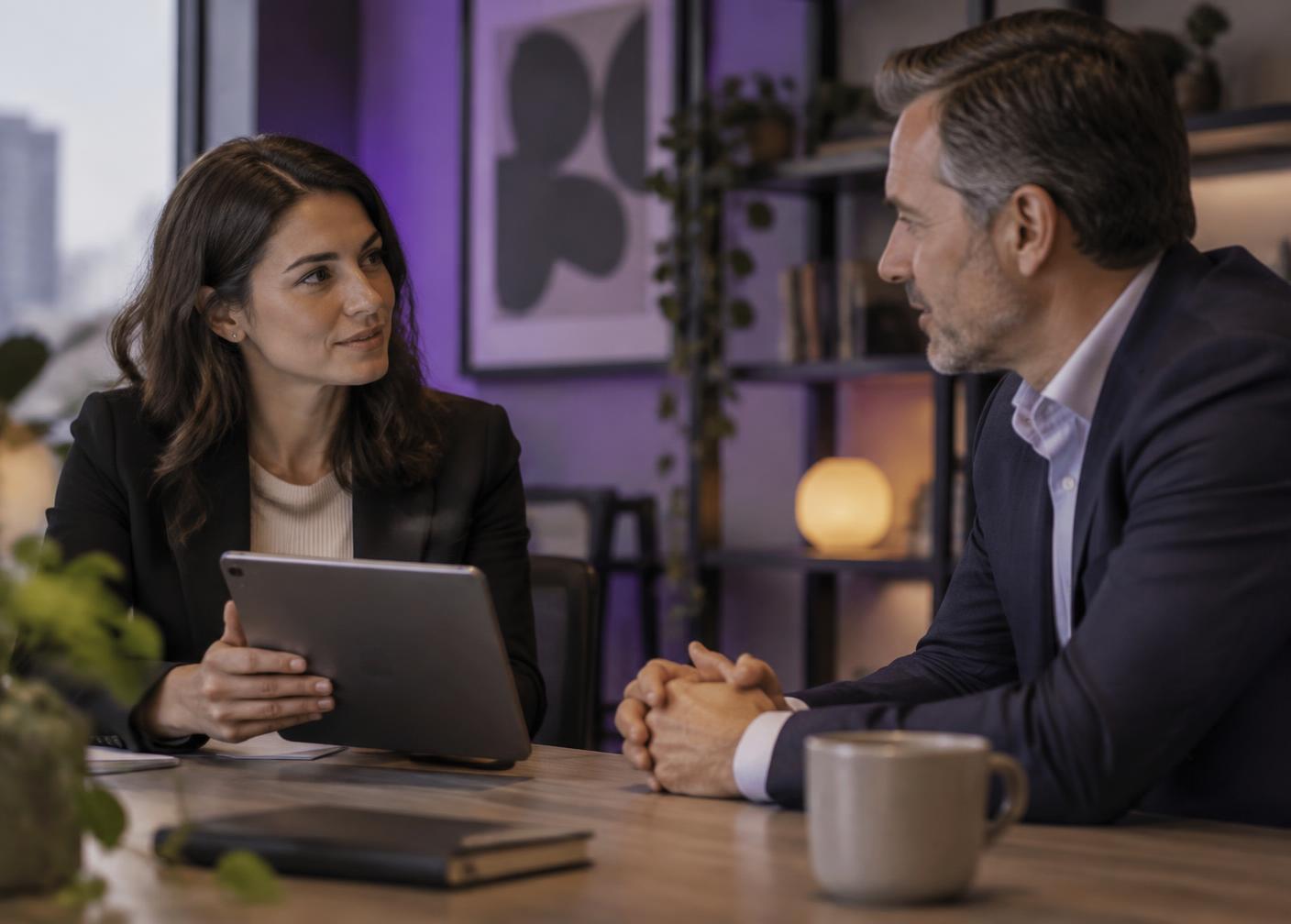 Two colleagues in conversation across a desk